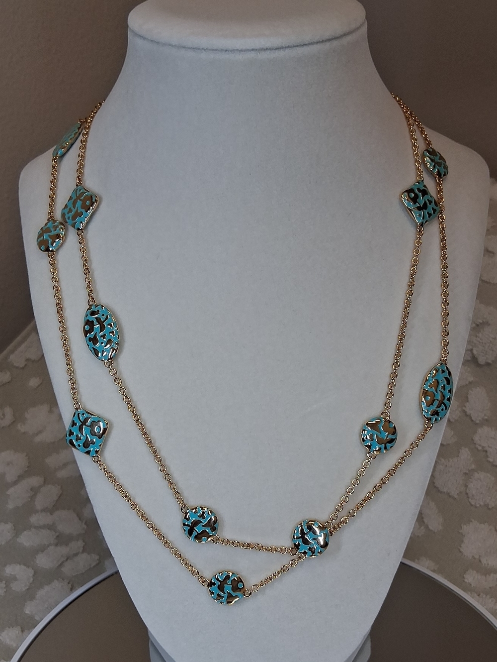Brass Base Enamel Necklace, Turquoise and Gold